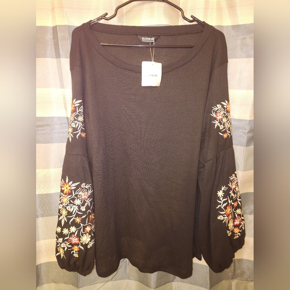 NWT 18-20 Bloom Chic Black Waffle Knit Floral Bell Sleeves,Boho,Hippy,Western